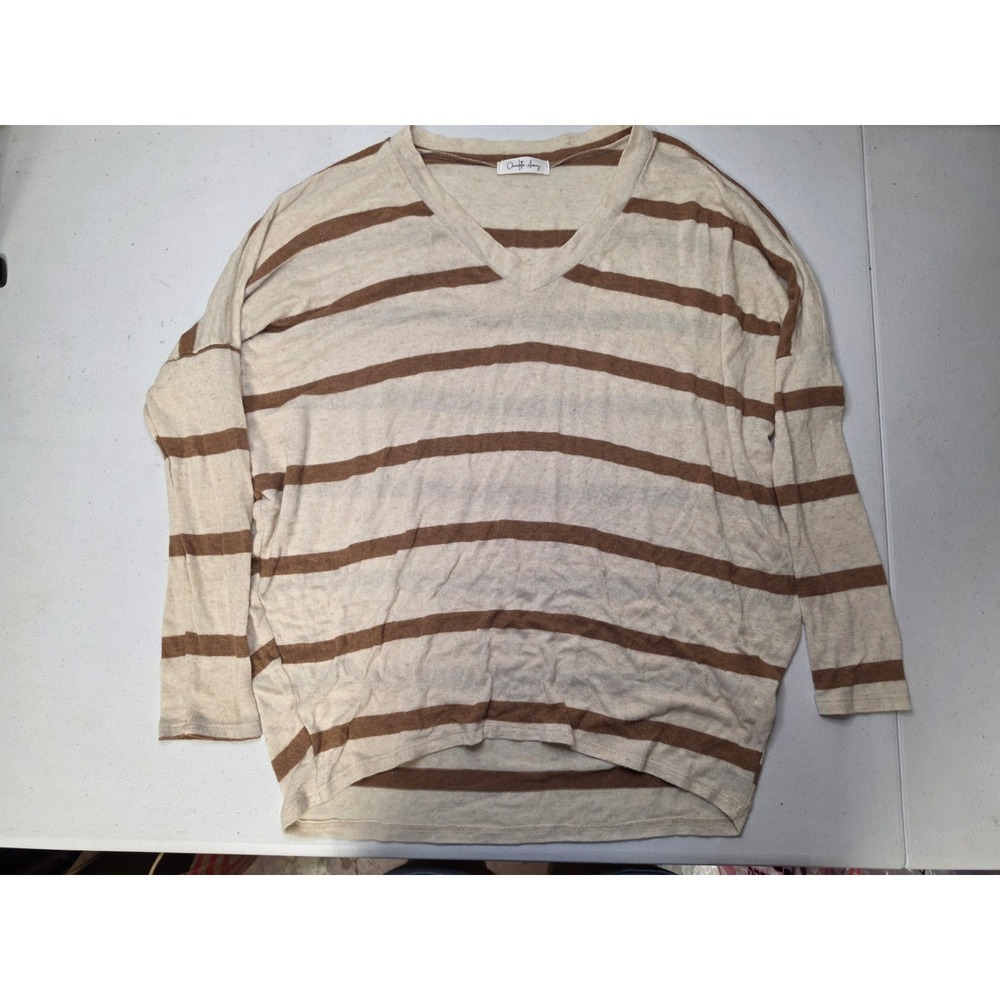 Charlotte Avery Womens V-Neck Striped Sweater Tan Brown Oversized Small
